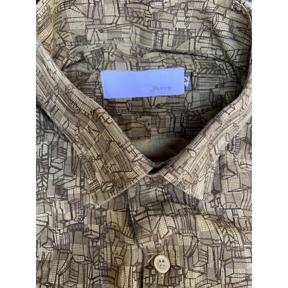 Arts Men's Printed Button Up Shirt Size 42 Brown Short Sleeve Pocket Casual